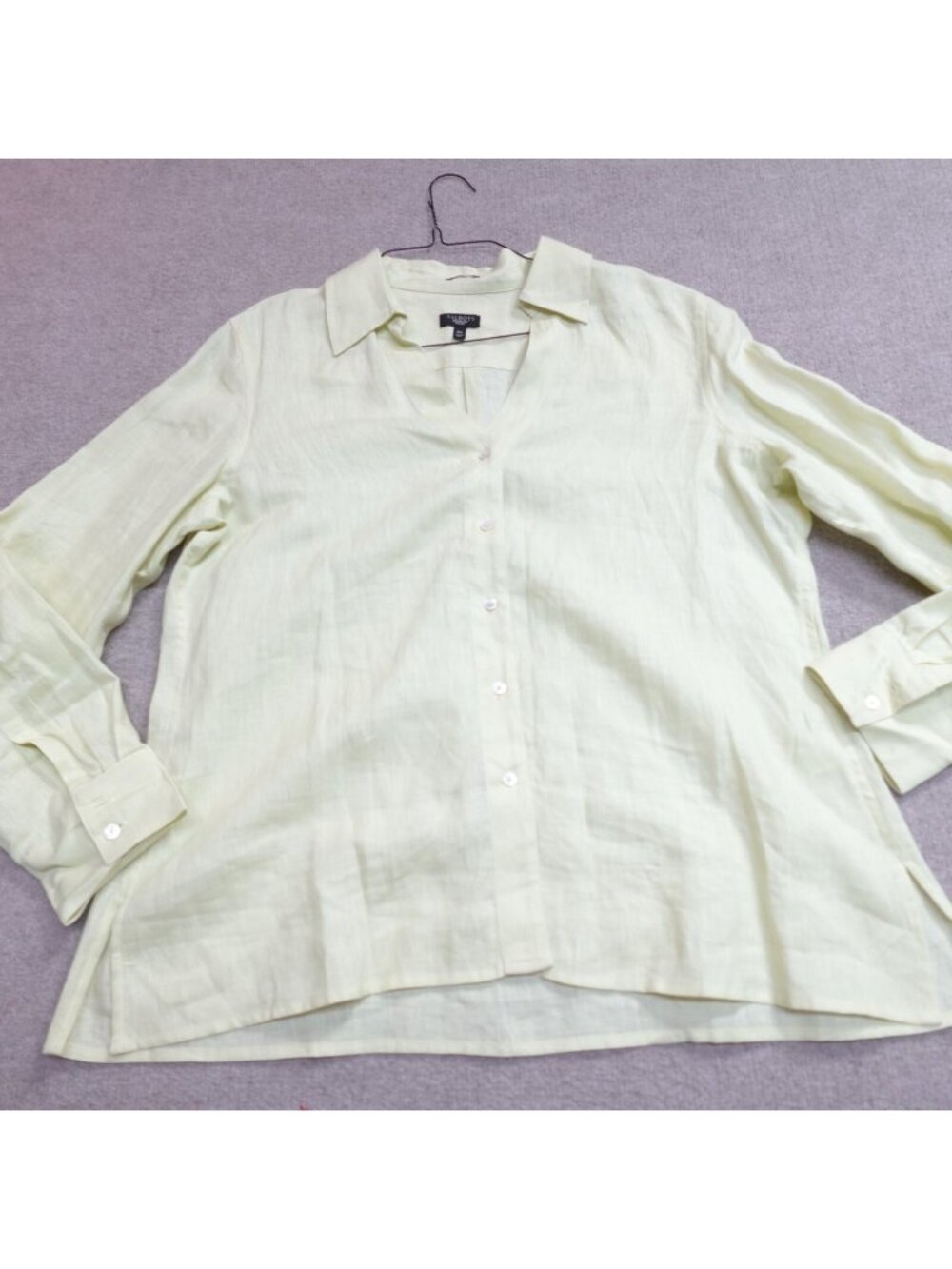 Talbots Shirt 16P Yellow Green Solid 100% Irish Linen Long Sleeves